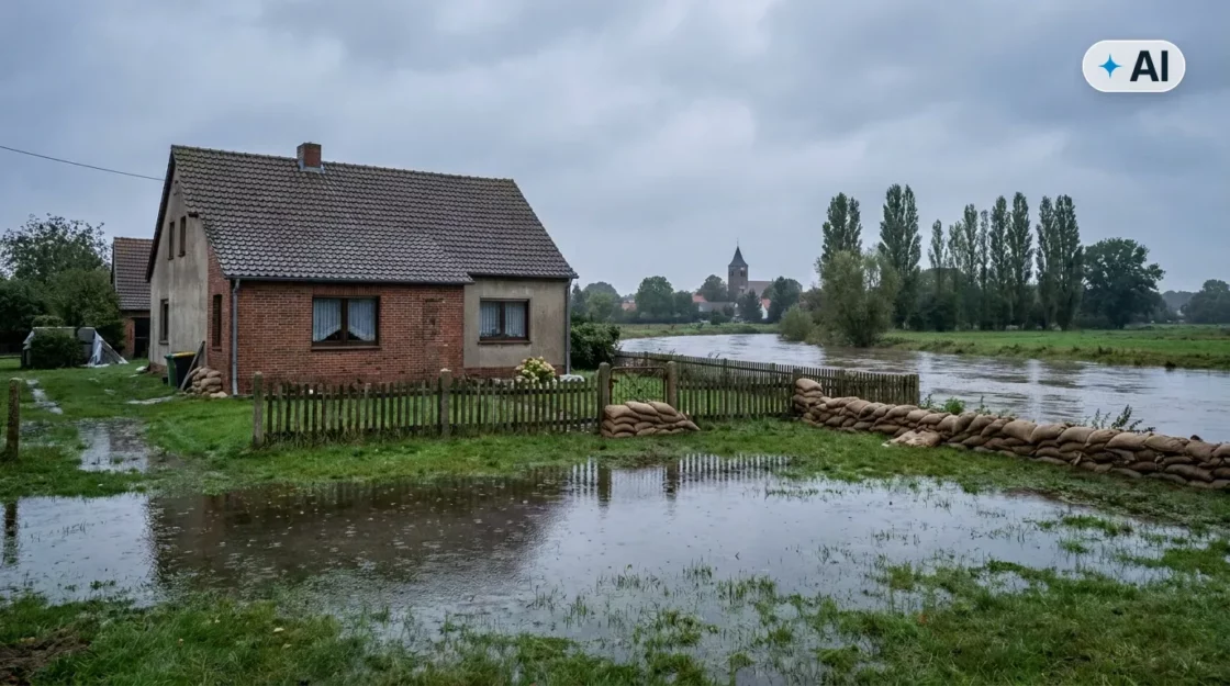 Obraz wygenerowany przez AI. Dom jednorodzinny nad rozlaną rzeką i worki z piaskiem przy ogrodzeniu, ubezpieczenie domu od powodzi