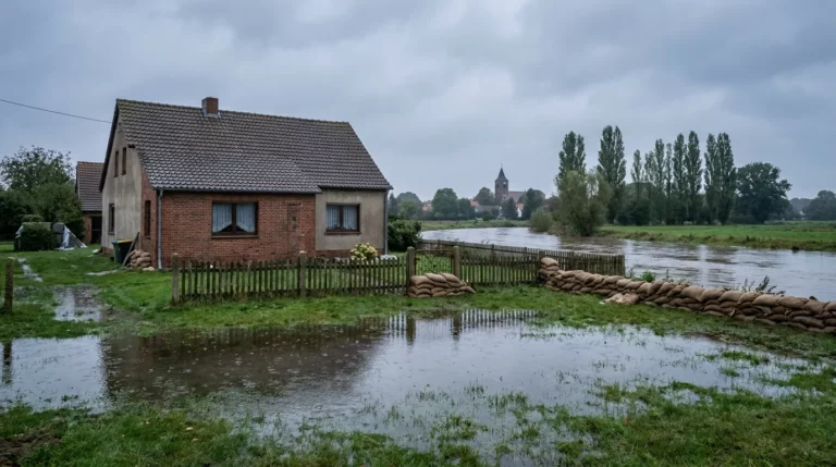 Dom jednorodzinny nad rozlaną rzeką i worki z piaskiem przy ogrodzeniu, ubezpieczenie domu od powodzi