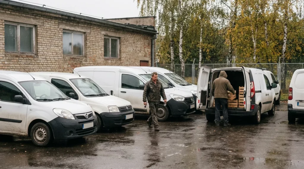 Firmowe auta dostawcze i osobowe zaparkowane na placu małej firmy o poranku - ubezpieczenie flotowe od ilu aut
