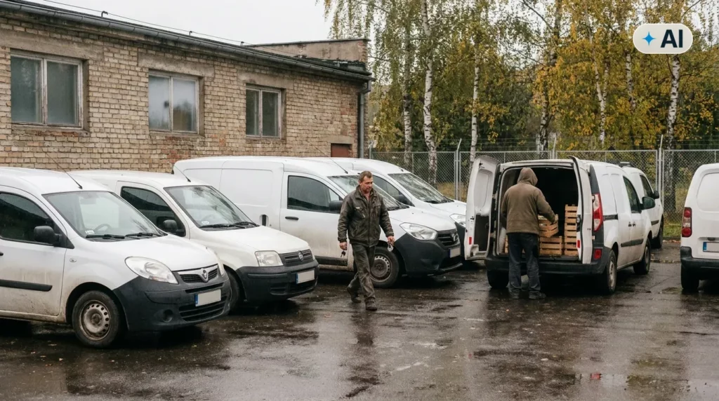 Obraz wygenerowany przez AI. Firmowe auta dostawcze i osobowe zaparkowane na placu małej firmy o poranku - ubezpieczenie flotowe od ilu aut