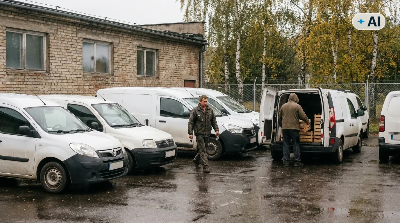 Obraz wygenerowany przez AI. Firmowe auta dostawcze i osobowe zaparkowane na placu małej firmy o poranku - ubezpieczenie flotowe od ilu aut
