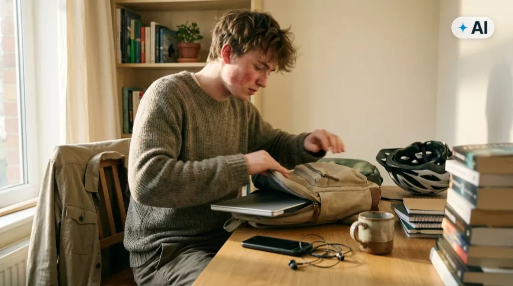 Obraz wygenerowany przez AI. Student pakuje laptopa i telefon do plecaka przy biurku w pokoju - ubezpieczenie laptopa i telefonu