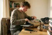 Student pakuje laptopa i telefon do plecaka przy biurku w pokoju - ubezpieczenie laptopa i telefonu