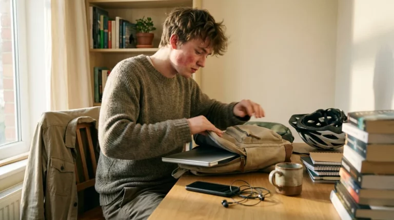 Student pakuje laptopa i telefon do plecaka przy biurku w pokoju - ubezpieczenie laptopa i telefonu