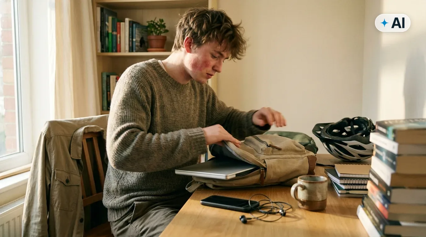 Obraz wygenerowany przez AI. Student pakuje laptopa i telefon do plecaka przy biurku w pokoju - ubezpieczenie laptopa i telefonu