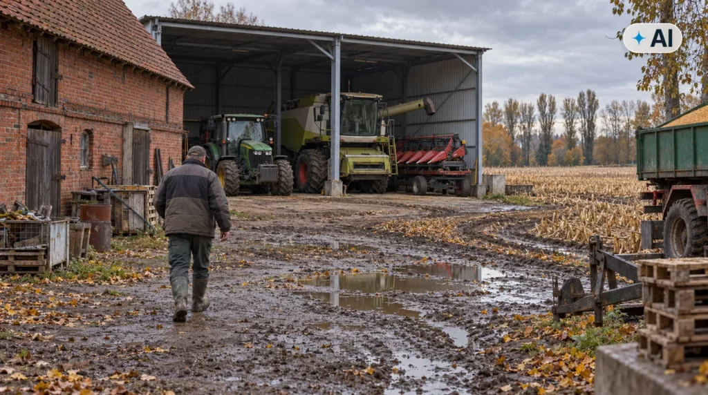 Obraz wygenerowany przez AI. Ciągnik i kombajn w wiacie na podwórzu gospodarstwa w Wielkopolsce po zbiorze kukurydzy, ubezpieczenie maszyn rolniczych na zimę