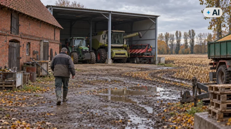 Obraz wygenerowany przez AI. Ciągnik i kombajn w wiacie na podwórzu gospodarstwa w Wielkopolsce po zbiorze kukurydzy, ubezpieczenie maszyn rolniczych na zimę