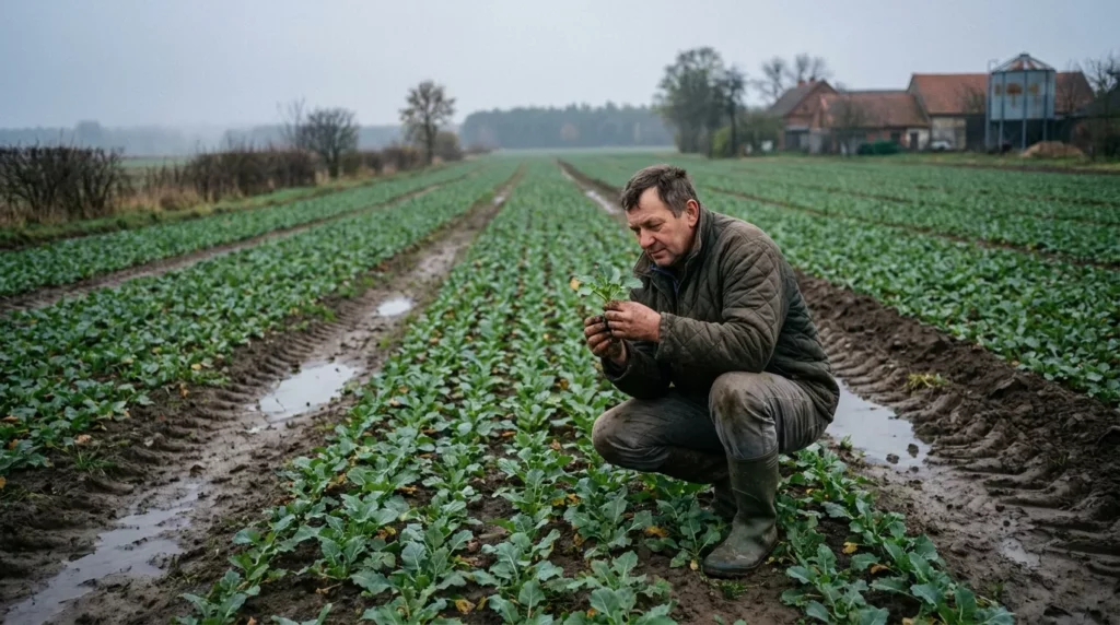 Rolnik ogląda młodą rozetę rzepaku ozimego na polu jesienią, ubezpieczenie rzepaku i zbóż ozimych przed zimą