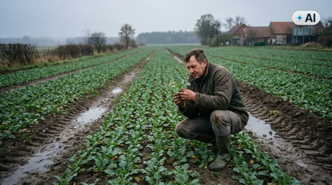 Obraz wygenerowany przez AI. Rolnik ogląda młodą rozetę rzepaku ozimego na polu jesienią, ubezpieczenie rzepaku i zbóż ozimych przed zimą