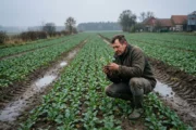 Rolnik ogląda młodą rozetę rzepaku ozimego na polu jesienią, ubezpieczenie rzepaku i zbóż ozimych przed zimą