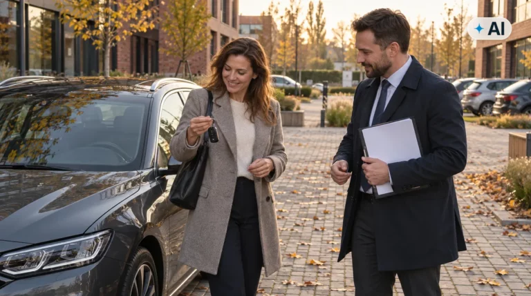 Obraz wygenerowany przez AI. Przedsiębiorczyni z doradcą przy nowym aucie firmowym na parkingu przed biurowcem - ubezpieczenie samochodu w leasingu