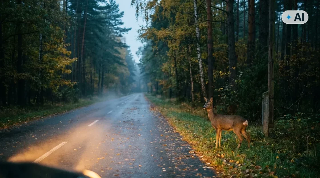 Obraz wygenerowany przez AI. Sarna na poboczu leśnej drogi o zmierzchu, sytuacja grożąca zderzeniem z dzikim zwierzęciem