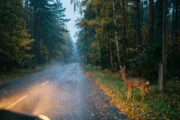 Sarna na poboczu leśnej drogi o zmierzchu, sytuacja grożąca zderzeniem z dzikim zwierzęciem