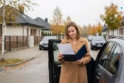 Obraz wygenerowany przez AI. Kobieta przegląda dokumenty polisy przy samochodzie na osiedlu pod Poznaniem, ceny OC