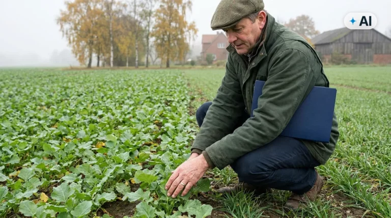 Obraz wygenerowany przez AI. Rolnik przy polu młodego rzepaku ozimego jesienią, dopłaty do ubezpieczeń upraw